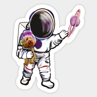 Astronaut and Cavapoo puppy dog in Space suit reaching  out to touch Saturn’s ring - cute Cavoodle, Cavapoo, Cavalier King Charles Spaniel Sticker